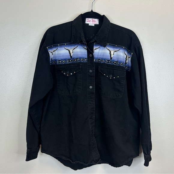 Sue Who Tops - Vintage Sue Who? Women’s Western Shacket Top Size L Button Up Rhinestone Black